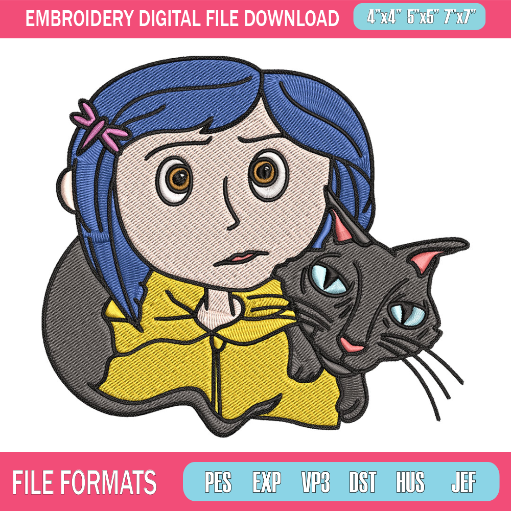 Coraline And Black Cat Embroidery Design, Coraline Embroidery, Embroidery File, Cartoon shirt, Digital download..jpg