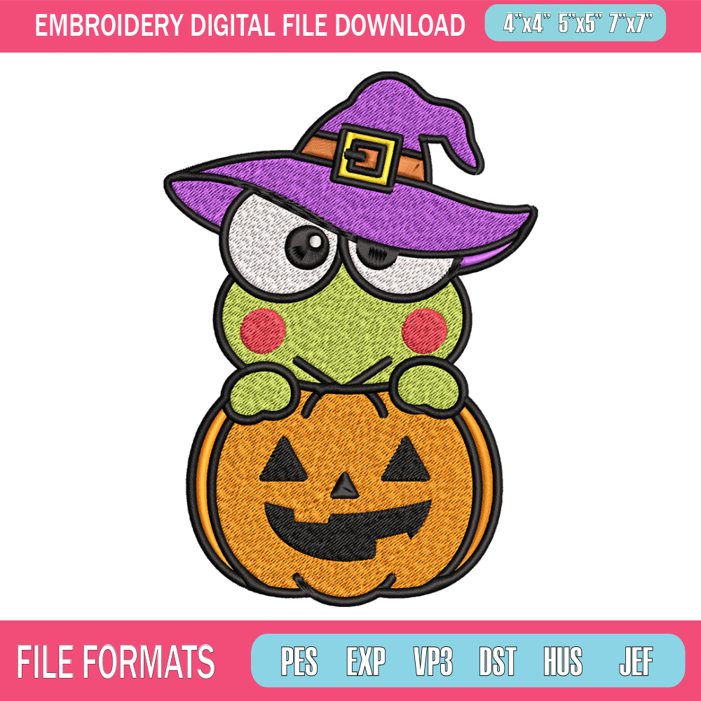 Keropi pumpkin Embroidery design, Halloween Hello kitty Embroidery, cartoon design, Embroidery File, Digital download..jpg