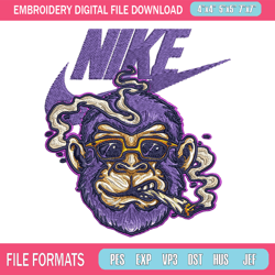 monkey head smoking nike embroidery design, monkey embroidery, nike design, embroidery file, instant download