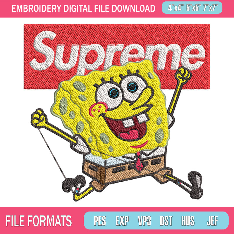 Spongebob Squarepants Supreme Embroidery design, Spongebob Embroidery, cartoon design, Embroidery File, Digital download.jpg