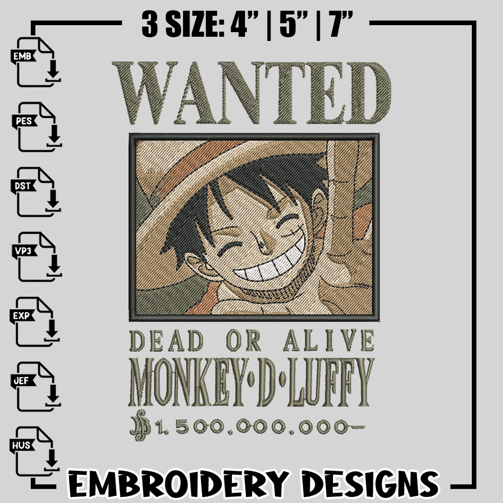 Bounty Luffy embroidery design, One Piece embroidery, anime design, logo design, anime shirt, Instant download.jpg