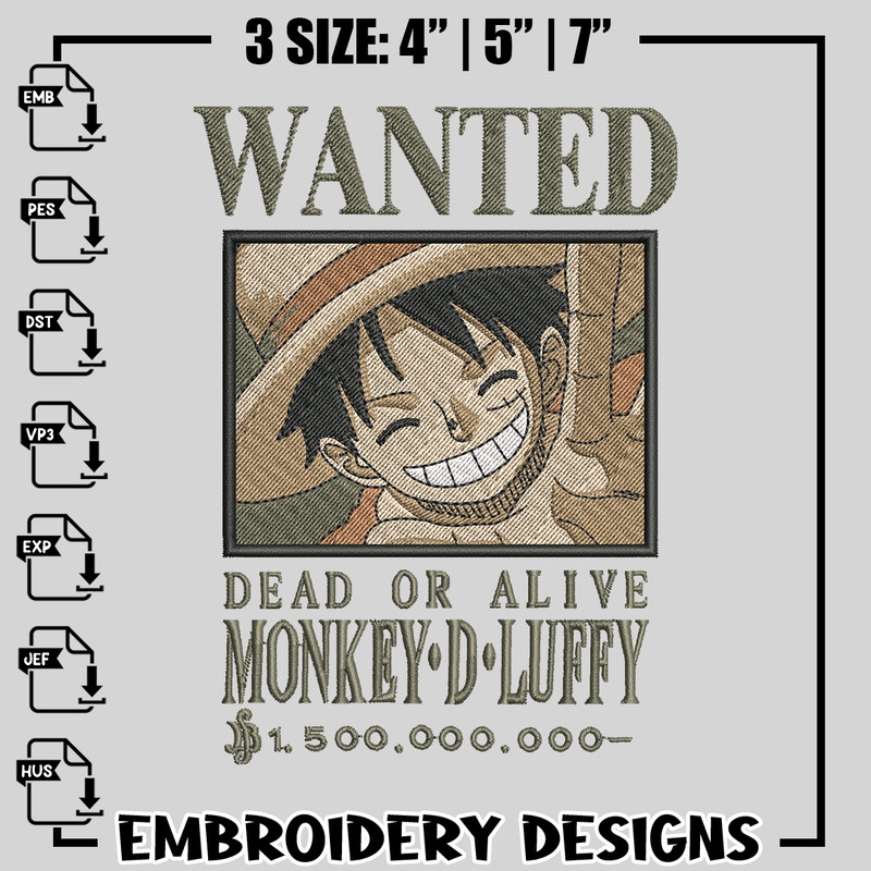 Bounty Luffy embroidery design, One Piece embroidery, anime design, logo design, anime shirt, Instant download.jpg