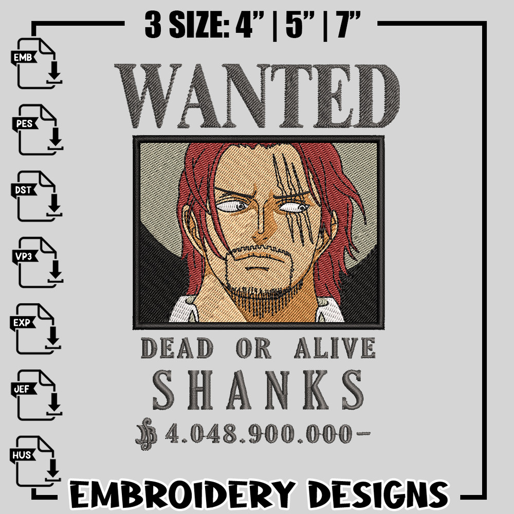 Bounty Shanks embroidery design, One Piece embroidery, anime design, logo design, anime shirt, Instant download.jpg