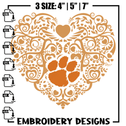 Cemson tigers heart embroidery design, Sport embroidery, logo sport embroidery, Embroidery design,NC617