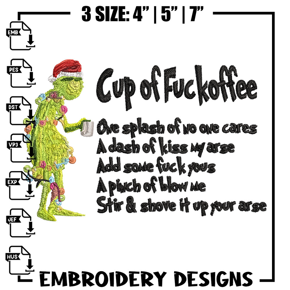 Cup of fuckoffee grinch Embroidery design, Grinch Embroidery, Grinch design, Embroidery File, Instant download..jpg