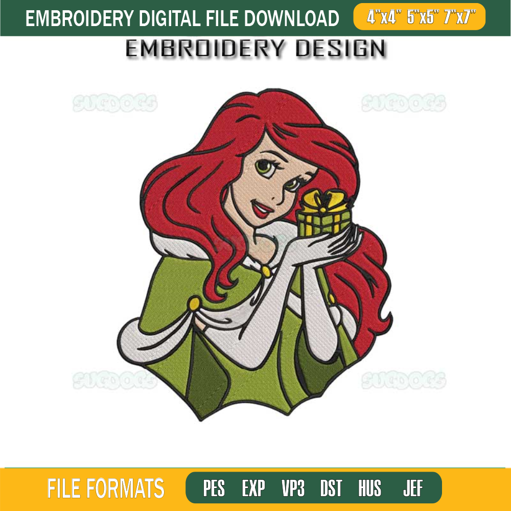 Ariel Christmas princess Embroidery Design File, Christmas Princess Santa Claus Embroidery Design File.jpg