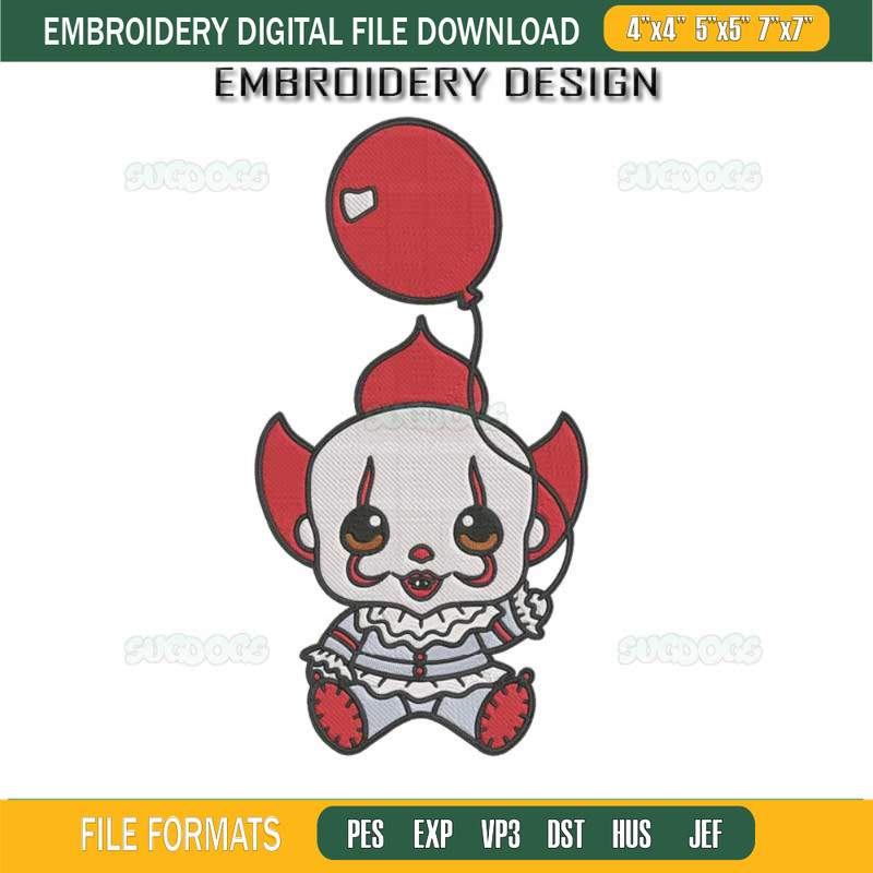 Baby Clown Halloween Embroidery Design File, Baby Pennywise Embroidery Design File.jpg