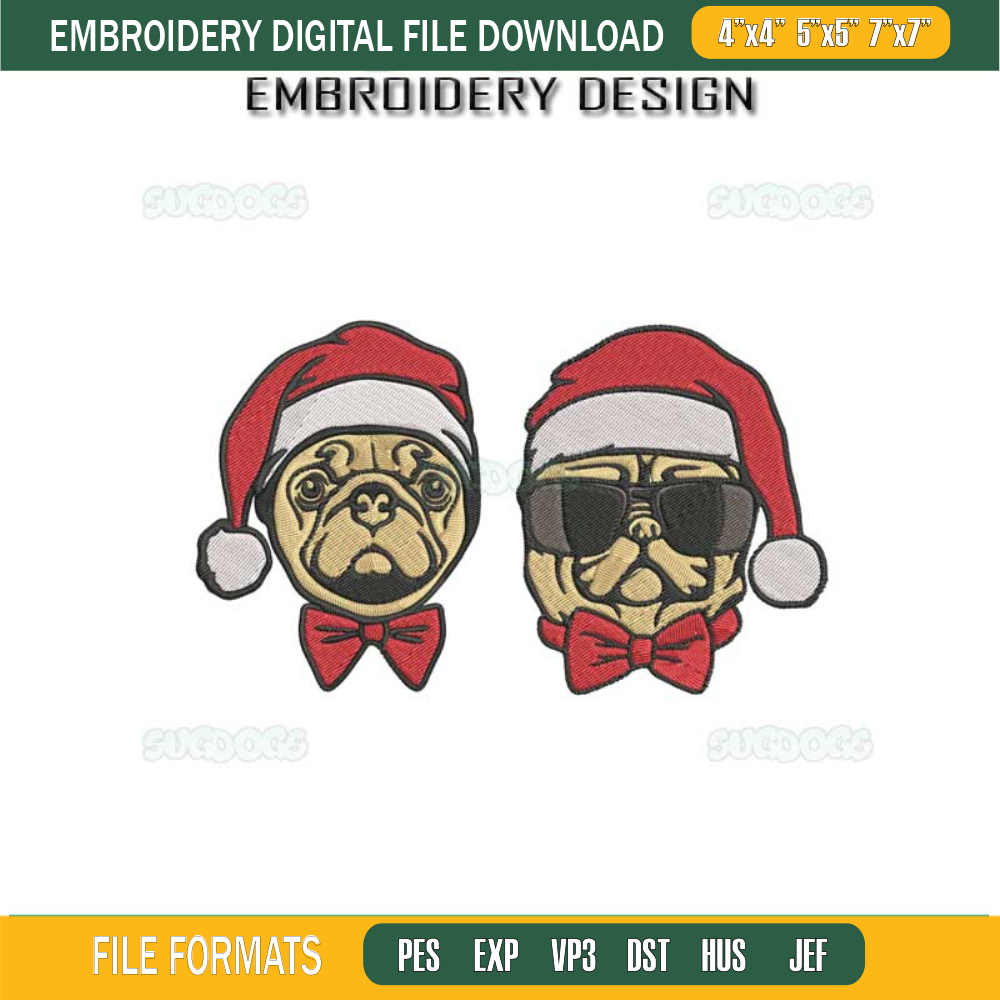Christmas Dog Pug Santa Hat Embroidery Design File, Christmas Dog Embroidery Design File.jpg