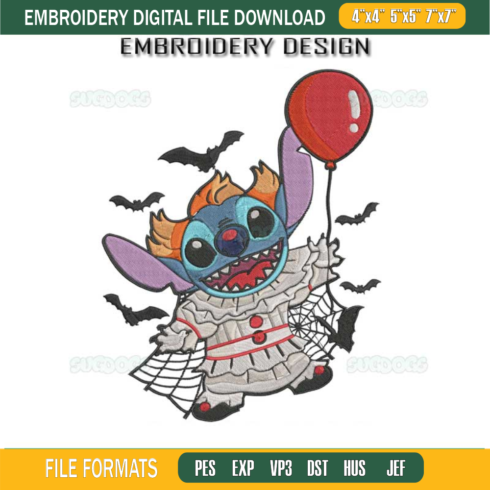 Clown Stitch Balloon Embroidery Design File, Stitch Halloween Embroidery Design File.jpg