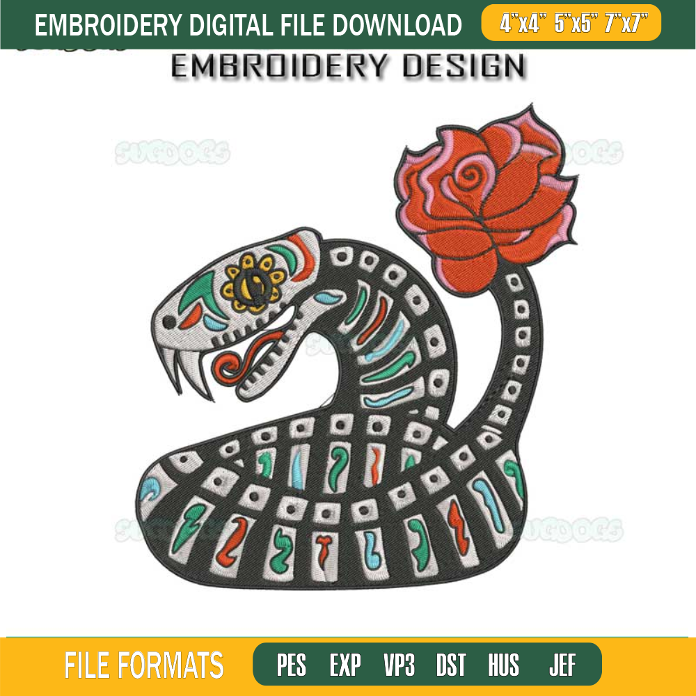 Dia De Los Muertos Snake Embroidery Design File, Snake Embroidery Design File.jpg