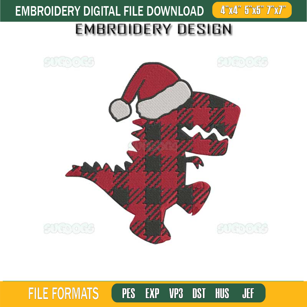 Dinosaur Buffalo Plaid Embroidery Design File, T-Rex Merry Christmas Embroidery Design File.jpg