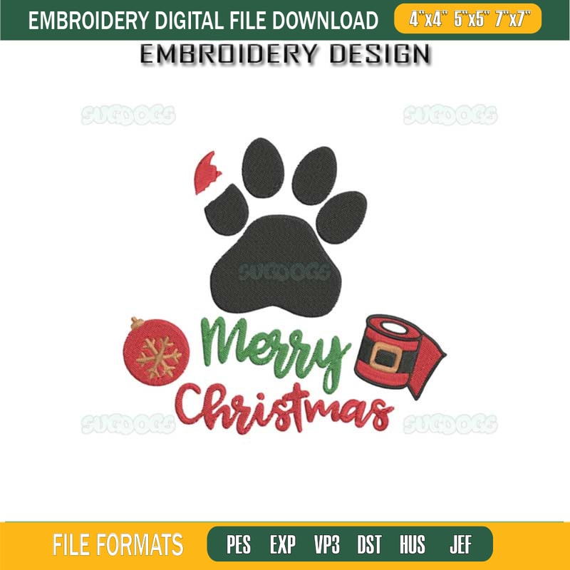Dog Paw Merry Christmas Embroidery Design File, Merry Christmas Paw Embroidery Design File.jpg