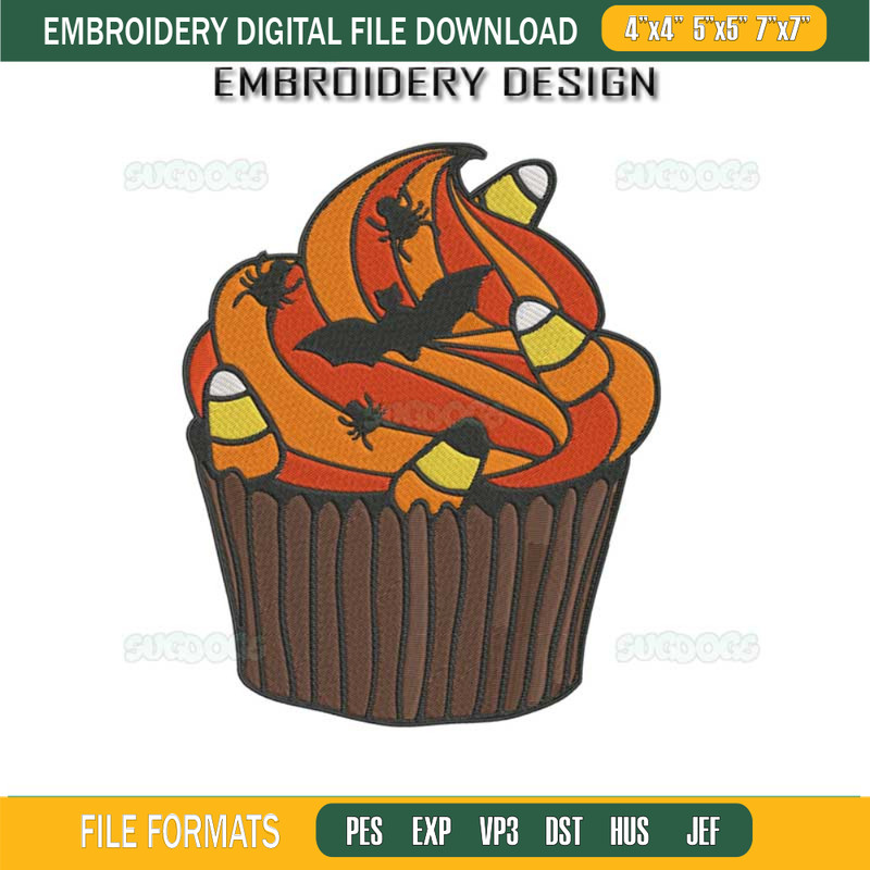 Halloween Cupcakes Embroidery Design File, Bats Cupcake Embroidery Design File.jpg