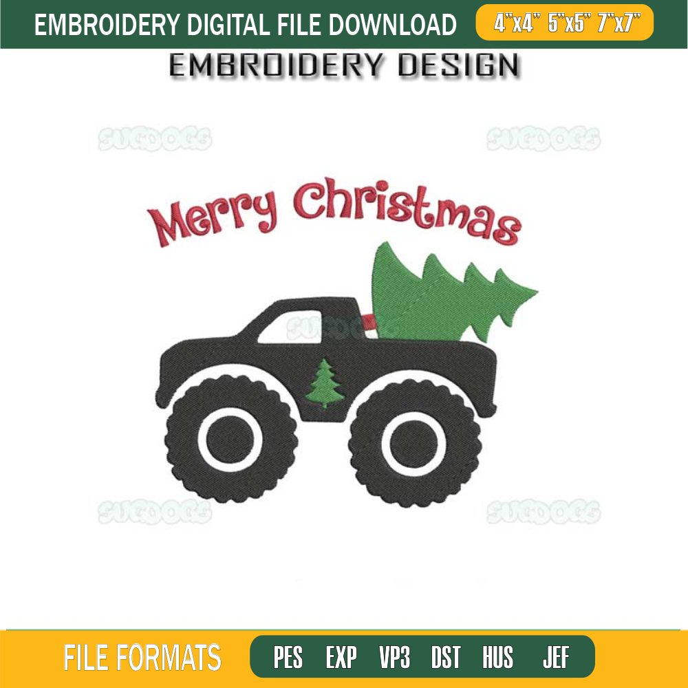 Merry Christmas Truck Embroidery Design File, Christmas Monster Truck Embroidery Design File.jpg