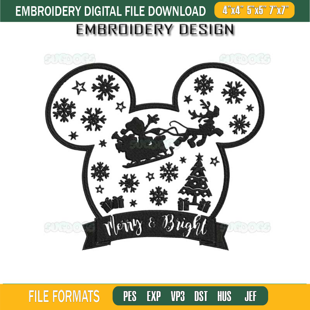 Mickey Pluto Christmas Embroidery Design File, Merry Bright Embroidery Design File.jpg