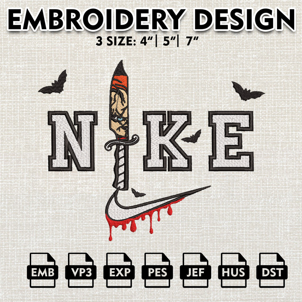 Machine Embroidery Pattern, Horror Characters, Halloween Embroidery, Nike Chucky With Knife Embroidery Files.jpg