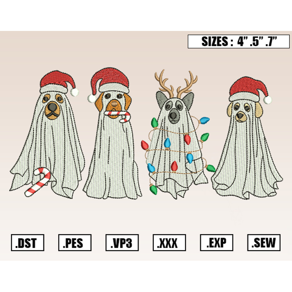 Four Ghost Dog Spooky Season Christmas Embroidery Design, Embroidery Designs, Christmas Embroidery Design File Instant.png