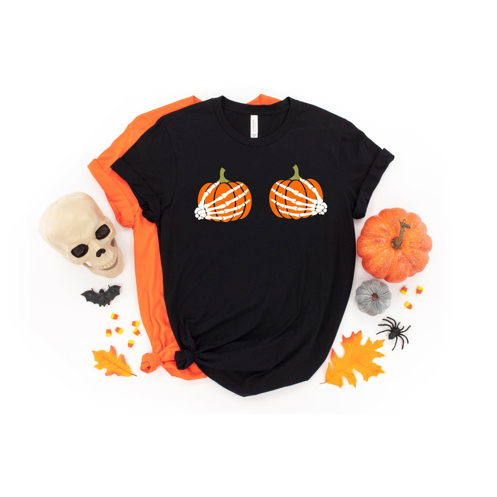 Pumpkin Boobies Shirt, Funny Halloween Shirt, Skeleton Hands Shirt, Thanksgiving Boobies Shirt, Thanksgiving Shirt.jpg