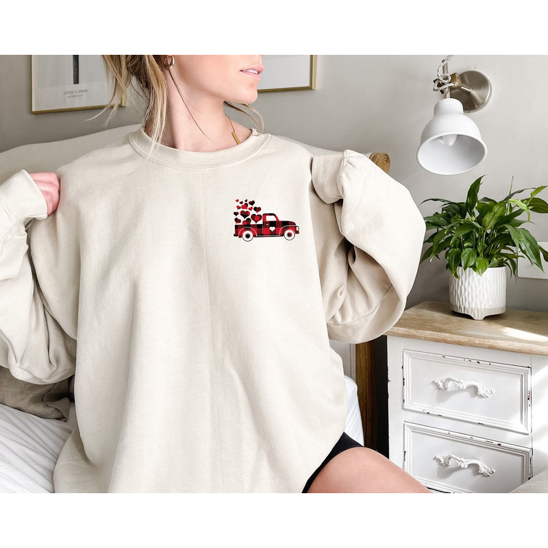 Valentines Day Buffalo Plaid Truck Pocket Sweatshirt, Girlfriend Minimalist Gift, Happy Valentine's Day Sweatshirt, Love Truck Sweatshirt.jpg