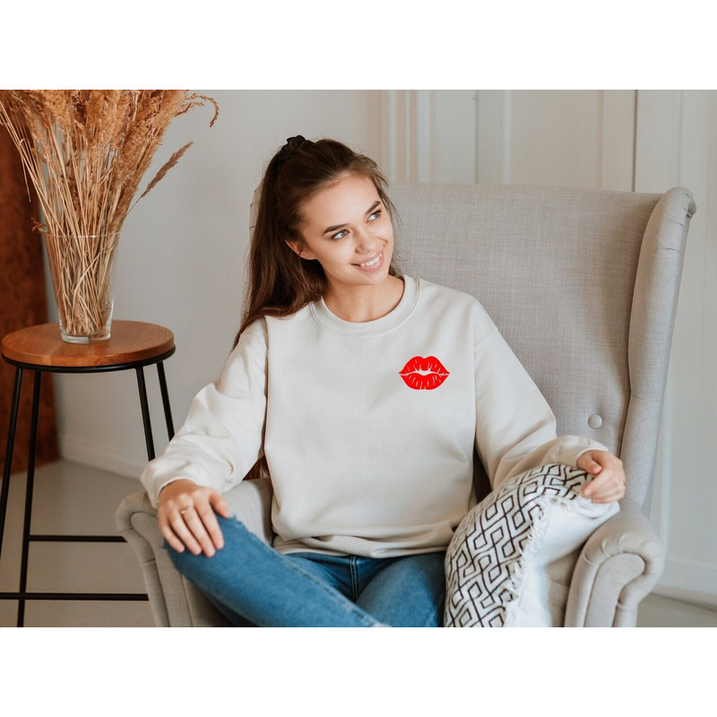 Valentines Day Lips Kiss Pocket Sweatshirt, Funny Valentines Day Minimalist Gift for Girlfriend, Cute Valentine's Day Couple Love Sweatshirt.jpg