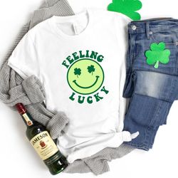 feeling lucky smile t-shirt, st patricks day shirts for womenmen, lucky shamrock shirt, luck of the irish, clover tees,