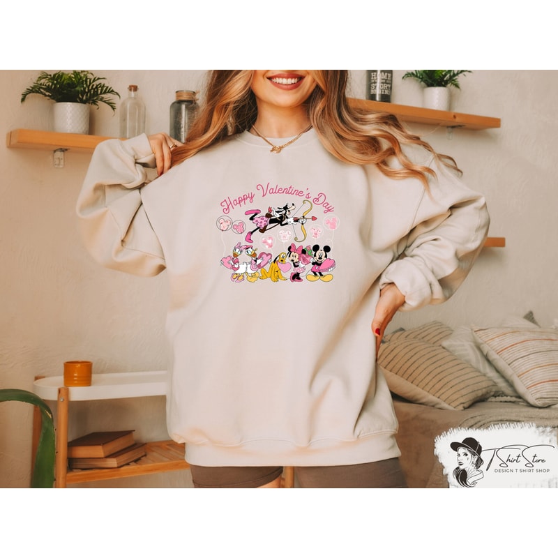 Disney Happy Valentines Day Sweatshirt, Disney Characters Valentines Day Shirt, Mickey and Friends Love Arrow Sweater, Disney Love Heart Tee.jpg