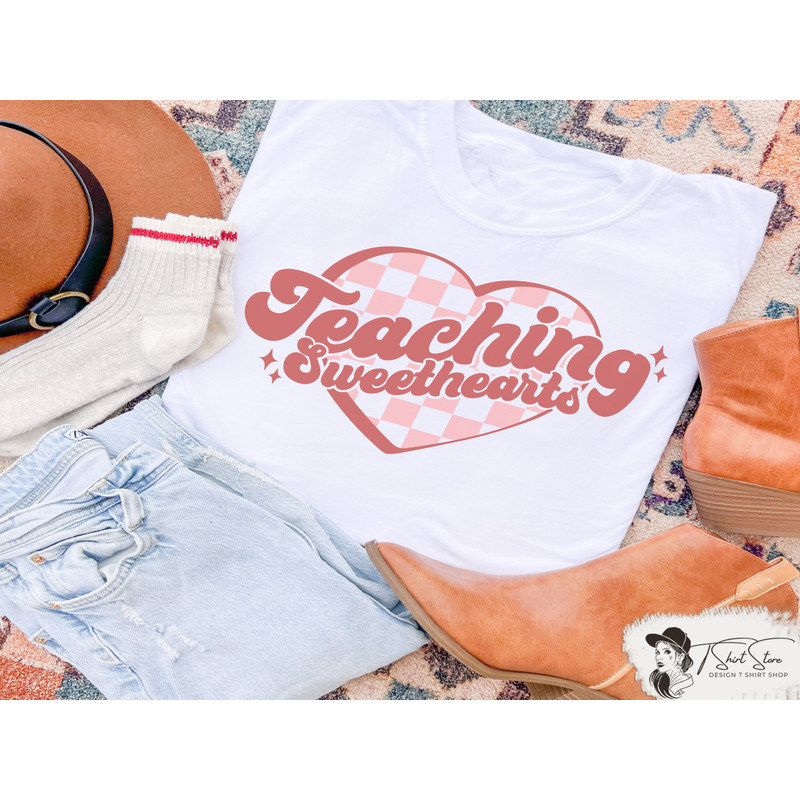 Retro Checkered Heart Teaching Sweethearts Valentine's Day Teacher Shirt, Retro Teacher Valentine Shirt, Teacher Valentine's Day Graphic Tee.jpg