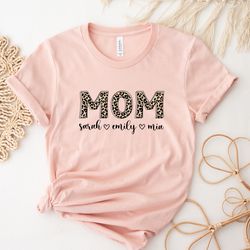 custom mom shirt with kids names, leopard print personalized mom shirt, mothers day shirt, custom kids names mom shirt,