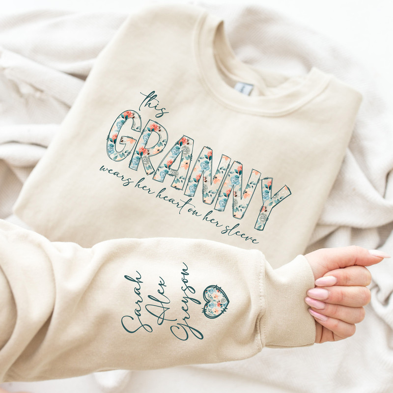 Custom Sweatshirt for Mommy, Christmas Gift for Auntie, I Wear My Heart On My Sleeve, Grandma Sweatshirt with Grandkids Name on Sleeve.jpg