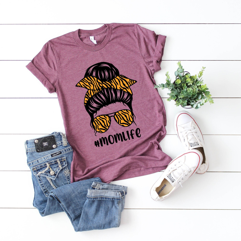 Mom Life Shirt Tiger Cheetah Print with Messy Bun - Funny Mother's Day Gift for Mom - Mom Life Kid Life - Funny Mom Tshirt for Women.jpg