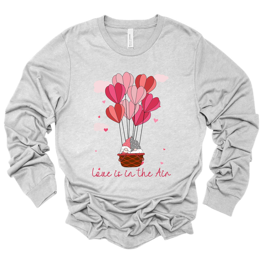 Valentine Long Sleeve Tee, Cute Valentine Gnome Couple in Hot Air Balloon Design, premium unisex long sleeve tee, 3x plus size long sleeve.jpg