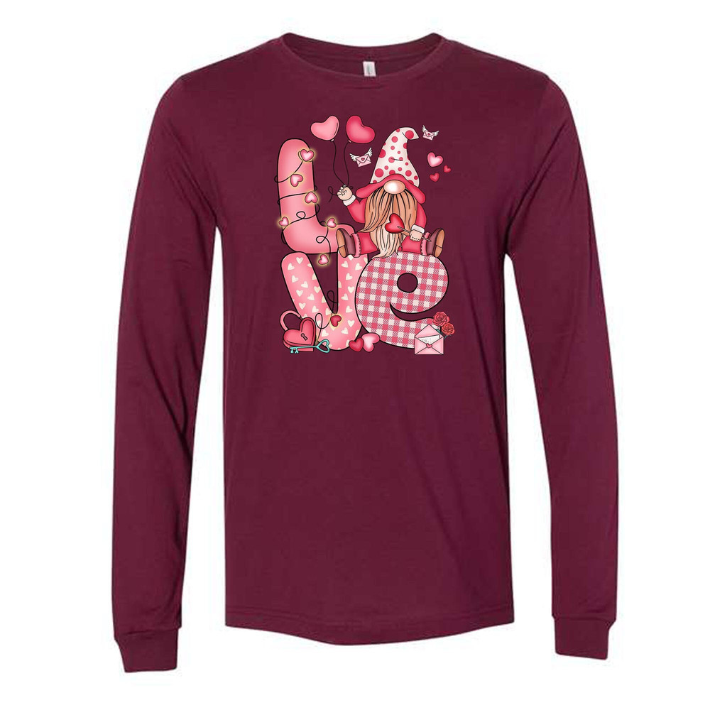 Valentine Long Sleeve Tee, Cute Valentine Gnome, LOVE Valentine's Gnome Design on premium unisex long sleeve tee, 3x plus size long sleeve.jpg