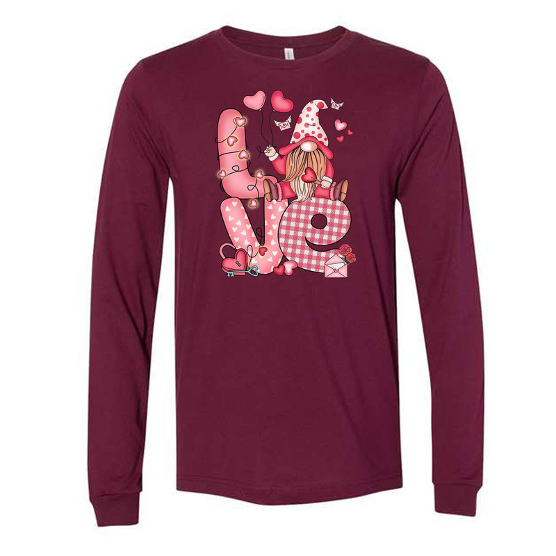 Valentine Long Sleeve Tee, Cute Valentine Gnome, LOVE Valentine's Gnome Design on premium unisex long sleeve tee, 3x plus size long sleeve.jpg