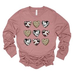 valentine long sleeve tee, cute western hearts, cowhide leopard hearts design, premium unisex long sleeve tee, 3x plus