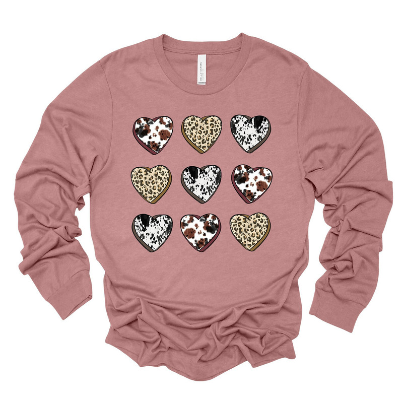 Valentine Long Sleeve Tee, Cute Western Hearts, Cowhide & Leopard Hearts Design, premium unisex long sleeve tee, 3x plus size long sleeve.jpg