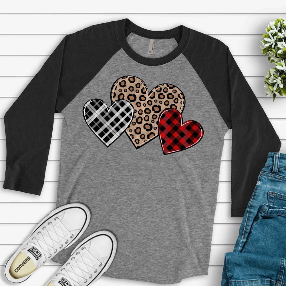 Valentine Raglan, Cute Valentine Hearts Leopard and Red & Black Plaid Valentine Design on premium Raglan 34 sleeve shirt, plus size, 2X, 3X.jpg