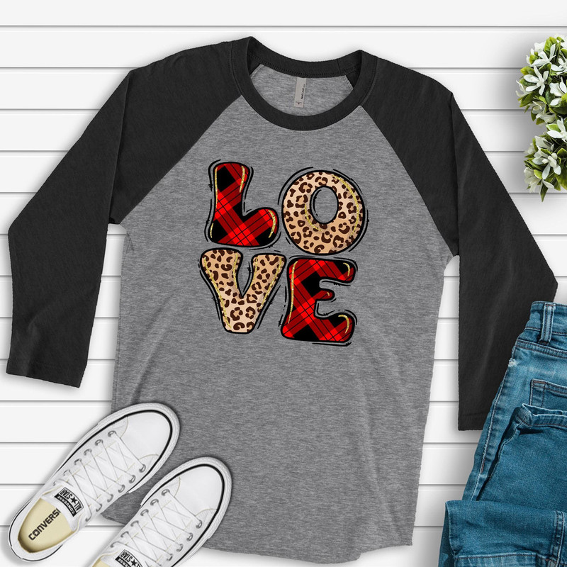 Valentine's Day Raglan, Buffalo Plaid and Leopard Print LOVE, Red Plaid LOVE Design on premium Raglan 34 sleeve shirt, plus size, 2X, 3X.jpg