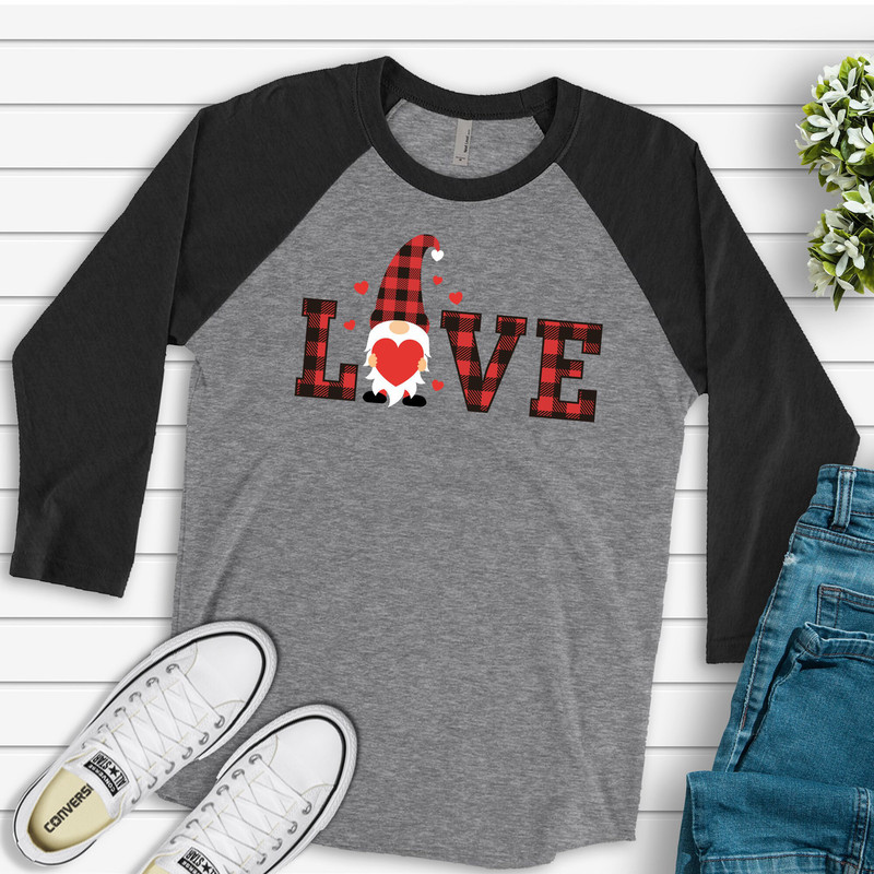 Valentine's Day Raglan, Cute Red And Black Buffalo Plaid LOVE Gnome Valentine Design on premium Raglan 34 sleeve shirt, plus size, 2X, 3X.jpg