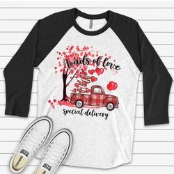 valentines day raglan, cute valentine truck, loads of love, tree with hearts design on premium raglan 34 sleeve shirt, p