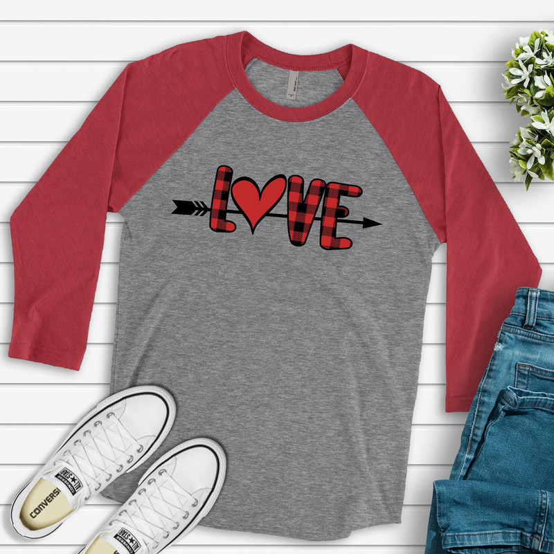 Valentine's Day Raglan, LOVE with Heart and Arrow Red and Black Buffalo Plaid Design on premium Raglan 34 sleeve shirt, plus size, 2X, 3X.jpg