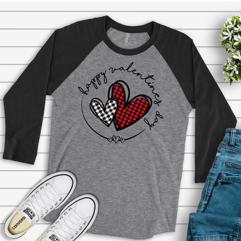Valentine's Day Raglan, Red & Black Buffalo Plaid Hearts, Happy Valentine's Day Design on premium Raglan 34 sleeve shirt, plus size, 2X, 3X.jpg