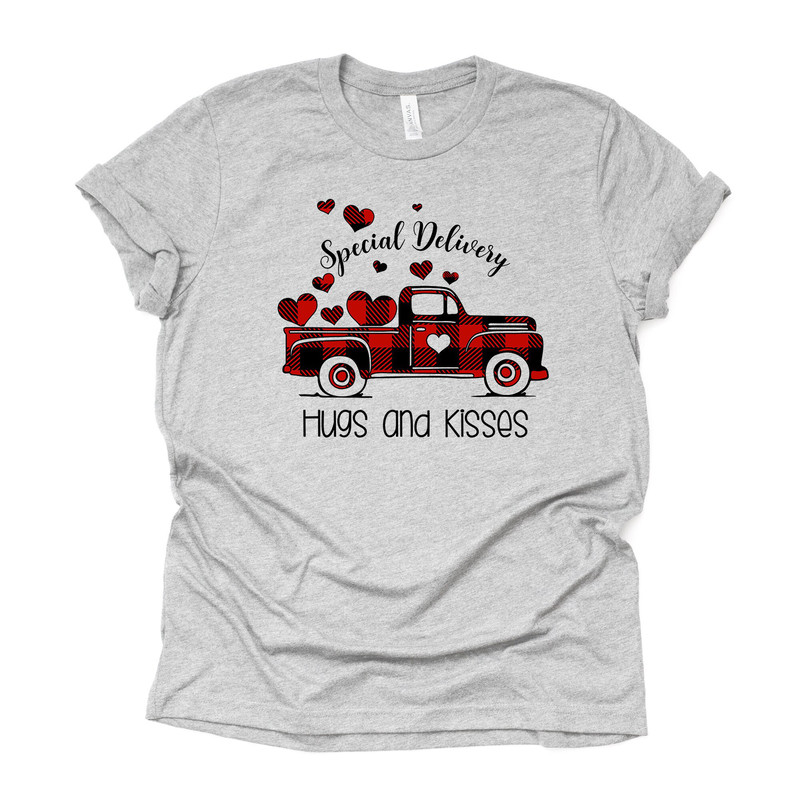 Valentine's Day Tee, Special Delivery Old Plaid Truck Design on premium unisex shirt, 2 color choices, 2X, 3X, 4X, plus sizes available.jpg