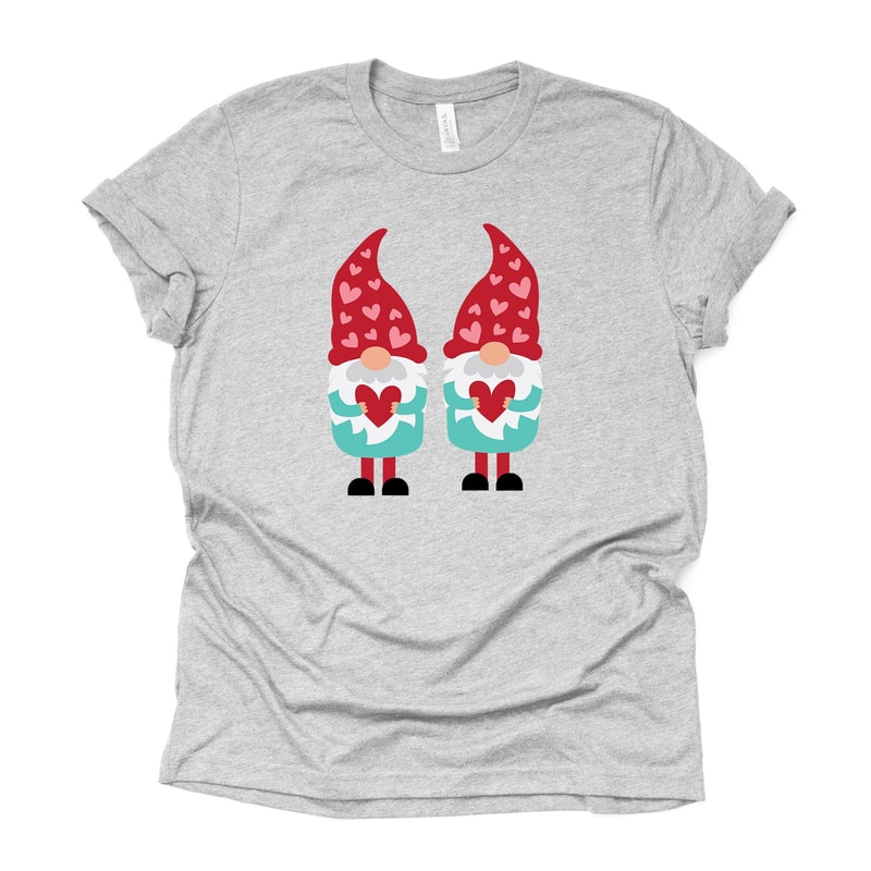 Valentine's Day Tee, Two Valentine Gnomes in Teal and Red Design on premium unisex shirt, 2 color choices, 2X, 3X, 4X, plus sizes available.jpg