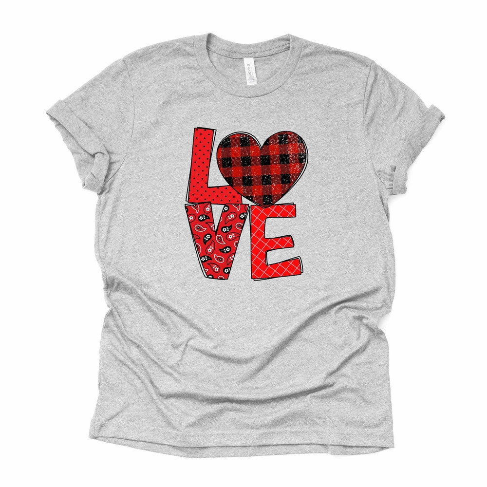 Valentine's Day, LOVE with Red Plaid Heart and Bandana Print design, premium unisex shirt, 3 color choices, 3x valentine, 4x valentine.jpg
