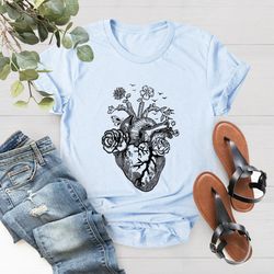 floral heart tee shirt, nurse shirt, doctor shirt, christmas gift for nurse,cardiac nurse, flowers heart shirt, heart su