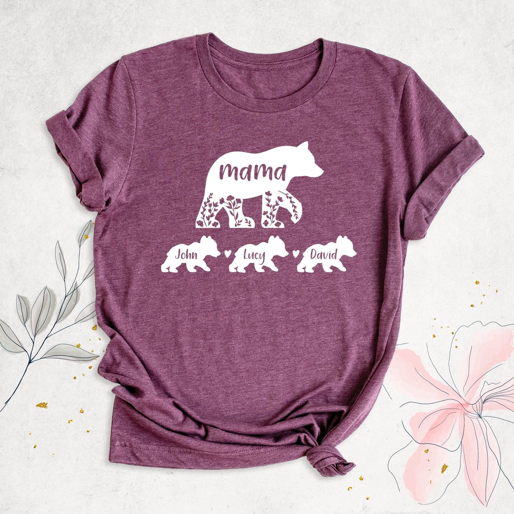 Mama Bear and Kids Name Shirt, Mothers Day Shirt, Floral Mama Shirt, Mom Shirt with Children Name, Personalized Mommy Shirt, Baby Bear Shirt.jpg