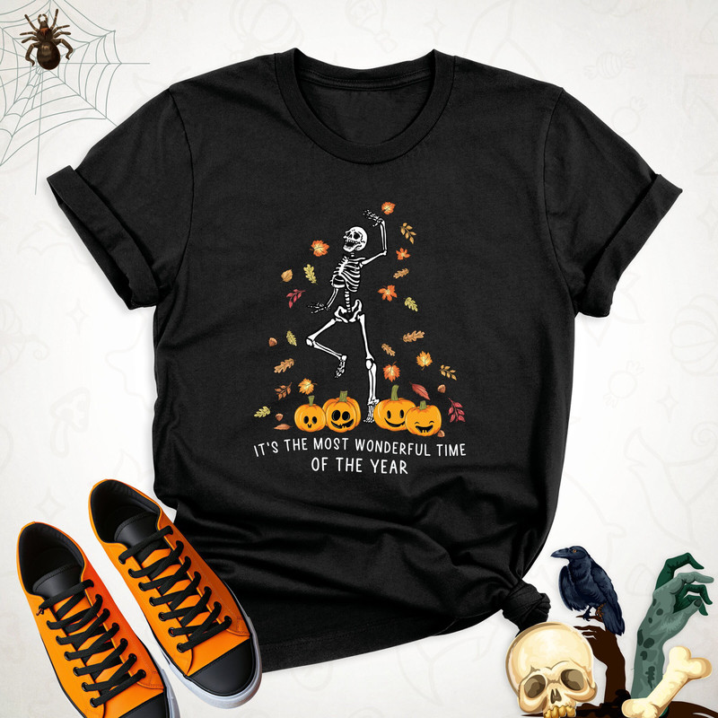 Halloween Fall Leaves Dancing Skeleton Shirt, Its The Most Wonderful Time Of The Year Tee, Halloween Skeleton Pumpkin Tee, Autumn Leaves Tee.jpg