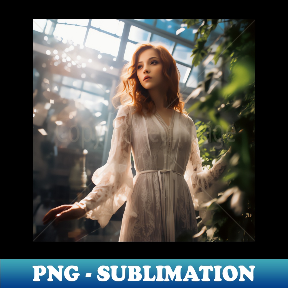 Angelic Redhead Girl wearing a White Dress in a Beautiful Greenhouse - Sublimation-Ready PNG File - Unleash Your Inner Rebellion