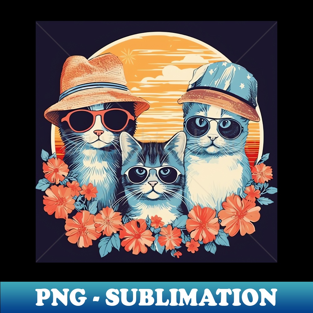 retro art Cats with sunglasses at summer - PNG Transparent Digital Download File for Sublimation - Perfect for Creative Projects