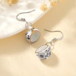 Exquisite Tea Cup Design Flower Pattern Dangle Earrings Retro Chinese Style Zinc Alloy Jewelry Delicate Female Gift